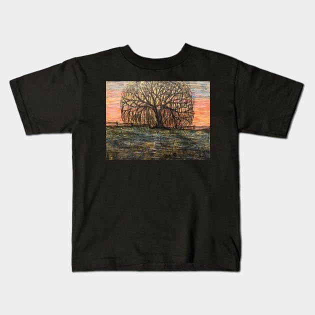 Serene Willow Sunset Kids T-Shirt by Artladyjen